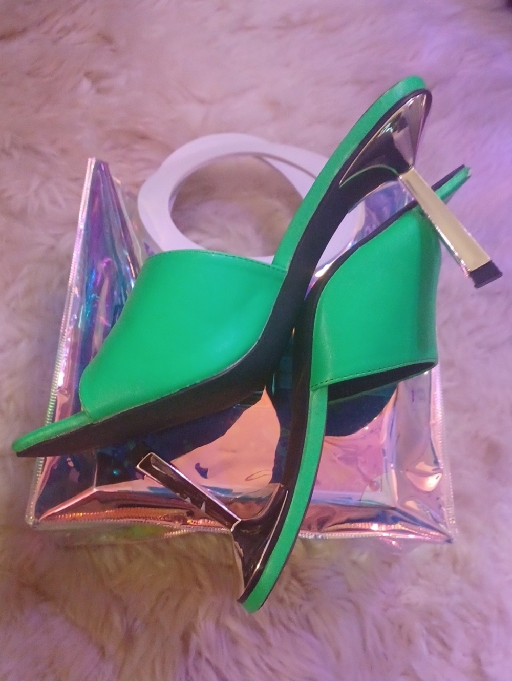 LILIANA Neon Green Gold Metal Heeled Square Toe Mules Size 10.